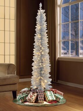 Holiday Time 6-foot pre-lit tinsel silver tree with clear lights.
